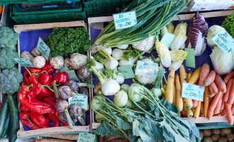 Ein bunter Markttisch mit frischem Gemüse. Es sind Paprika, Karotten, Kohlrabi und verschiedene Kräuter zu sehen.