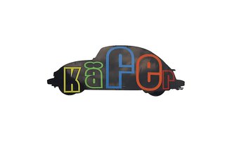 Ein stilisierter Käfer-Auto mit bunten Buchstaben, die das Wort "Käfer" bilden. Die Silhouette des Autos ist klar und einfach gehalten.