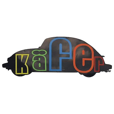 Ein stilisierter Käfer-Auto mit bunten Buchstaben, die das Wort "Käfer" bilden. Die Silhouette des Autos ist klar und einfach gehalten.
