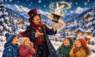 Ein Zauberer zieht einen Hasen aus einem Zylinder, während eine Gruppe von Kindern begeistert zuschaut. Im Hintergrund sind schneebedeckte Berge und festlich beleuchtete Häuser zu sehen.