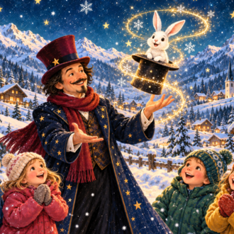 Ein Zauberer zieht einen Hasen aus einem Zylinder, während eine Gruppe von Kindern begeistert zuschaut. Im Hintergrund sind schneebedeckte Berge und festlich beleuchtete Häuser zu sehen.