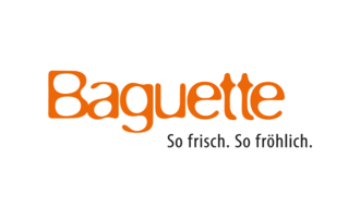 A logo of the brand "Baguette" in orange with the slogan "So fresh. So cheerful." It conveys a happy and inviting feeling. | © Baguette Mittelberg Logo