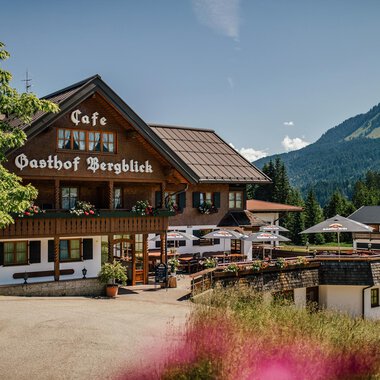 A cozy inn with a lovely café and a view of the mountains. Surrounded by green meadows and a clear blue sky.