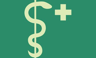 A symbol that combines money and health, featuring a dollar sign and a medical cross. The background is green and the icons are in a light color.