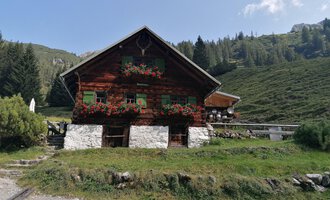 Ein rustikales Holzhaus umgeben von grünen Wiesen und Bergen. Blumenkästen mit bunten Blumen schmücken die Fenster. | © Fluchtalpe | N. Lughammer