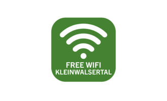 Symbol for free Wi-Fi in Kleinwalsertal. Green background color with a Wi-Fi symbol and the inscription "FREE WIFI KLEINWALSERTAL". | © Kleinwalsertal Tourismus