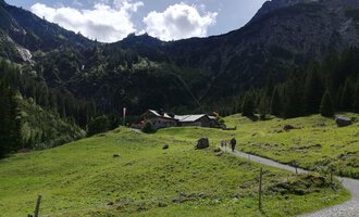 Eine malerische Landschaft mit einem grünen Tal und Bergen im Hintergrund. Im Vordergrund geht ein Wanderweg entlang einer Alm. | © Kleinwalsertal Tourismus | N. Lughammer