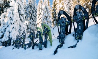 Eine Reihe von Schneeschuhen steht im Schnee, umgeben von verschneiten Bäumen. Der Himmel ist klar und blau. | © Kleinwalsertal Tourismus | Oliver Farys