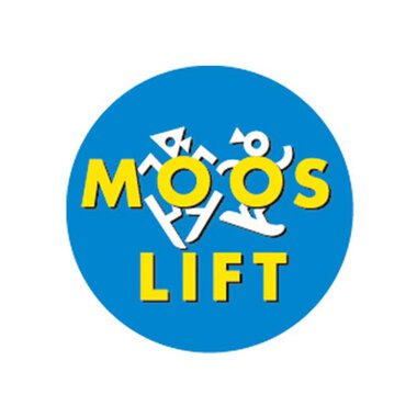 A round logo with the text "MOOS LIFT" in yellow letters on a blue background. Various stylized figures are also depicted. | © Mooslift Logo