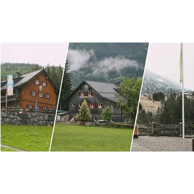 Drei alpine Häuser in unterschiedlichen Landschaften. Die Umgebung ist bewaldet und bergig, mit leichtem Nebel. | © Mahdtalhaus | Thomas Dielmann
