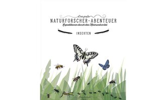 A book cover illustration titled "The Great Naturalist Adventure". It shows various insects, including butterflies and beetles, surrounded by green grasses. | © Kleinwalsertal Tourismus eGen