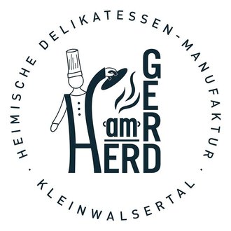 Ein Logo mit dem Namen "Gerd am Herd" und einer stilisierten Figur eines Kochs. Das Design vermittelt einen handwerklichen und heimischen Charakter.