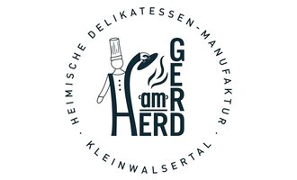 Ein Logo mit dem Namen "Gerd am Herd" und einer stilisierten Figur eines Kochs. Das Design vermittelt einen handwerklichen und heimischen Charakter.