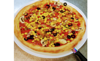 A delicious pizza with a colorful topping of vegetables, olives, and corn. The golden crust is crispy and inviting.