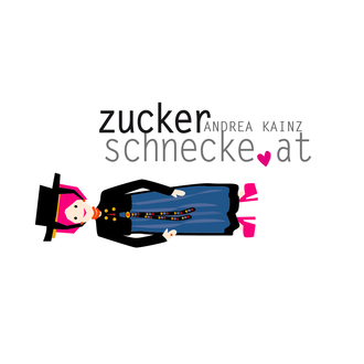 Ein stilisiertes Logo mit einer Figur in traditioneller Kleidung und einem Zylinderhut. Der Text "zucker schnecke" und der Name "Andrea Kainz" sind deutlich sichtbar.