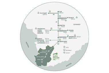 Map showing distances and connections between Germany, Austria, and the Klein Walser Valley region. | © Kleinwalsertal Tourismus eGen 