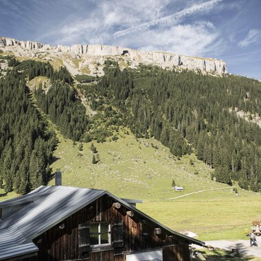 Landscape view in the Black Forest with a mountain cabin in the foreground, green meadows, forested hillside, blue sky, and clouds. | © Kleinwalsertal Tourismus eGen • Photographer: Andre Tappe