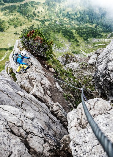 Climber on a via ferrata in the mountains, looking up at the rock face with a cable running through. | © Kleinwalsertal Tourismus eGen • Photographer: Dominik Berchtold