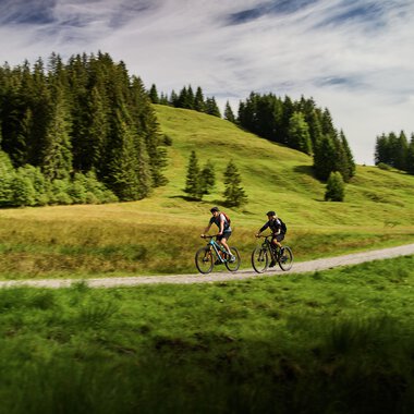 Two cyclists riding on a forest trail in Kleinwalsertal, surrounded by green hills and forests on a sunny day. | © Kleinwalsertal Tourismus eGen • Photographer: Oliver Farys