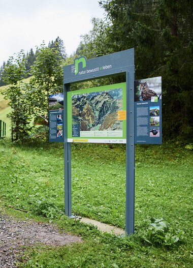 Path leading to an information sign amid greenery, through a forested area. | © Kleinwalsertal Tourismus eGen • Photographer: Oliver Farys