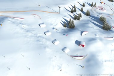 Winter skiing area on the Crystal Slope in Oberstdorf with skiers, trees, and jumps in the snow. | © Kleinwalsertal Tourismus eGen • Oberstdorf Kleinwalsertal Bergbahnen