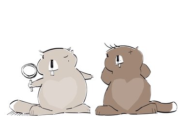 Zwei cartoonartige Hamster, einer mit Lupe, sitzen seitlich auf dem Boden, einfaches weißes Hintergrundbild. | © Kleinwalsertal Tourismus eGen
