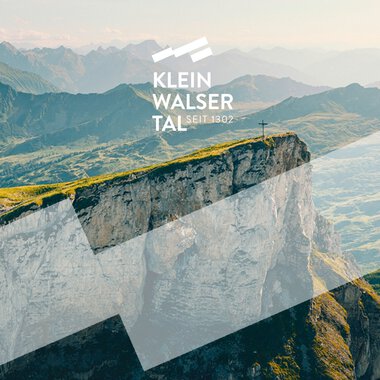 Rocky landscape and mountains with logo and text 'KLEIN WALSER TAL since 1802' overlaid in the foreground. | © Kleinwalsertal Tourismus eGen